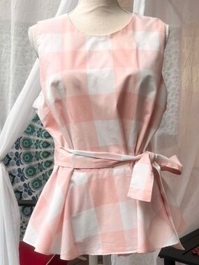 Pastel Pink Jumbo Buffalo Check Gingham Sleeveless Peplum Tank